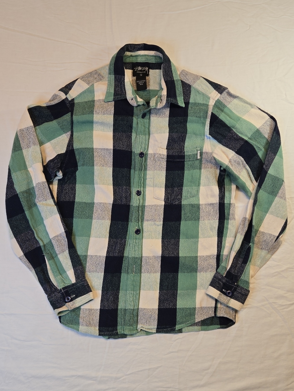 Stussy Green, Blue & White Plaid Button Down Long Sleeve Casual Shirt Vintage